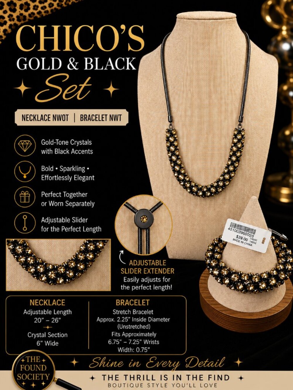 Chico's Gold & Black Crystal Necklace & Bracelet Set | NWOT/NWT